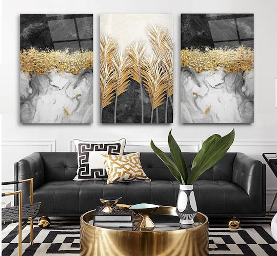 Dreifach Glas Gemälde Set Mit Marmor Hintergrund Und Blumen Grau (60x90cm)