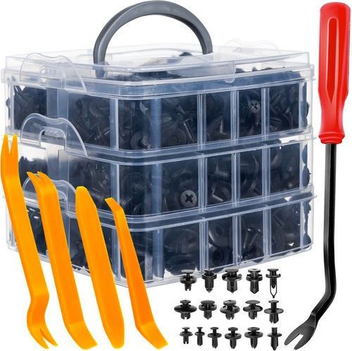 Set 620 Universal Car Clips 5 Extractor Keys 16 Types Pins 18 Different Sizes Plastic Black Storage Box