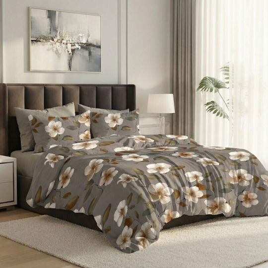 Pucioasa Duvet Cover Set 200x230cm Double With 4 Pillowcases & 1 Bed Sheet White Beige Flowers