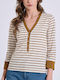 Women's Cotton Blouse with V-Neck Striped Ecru