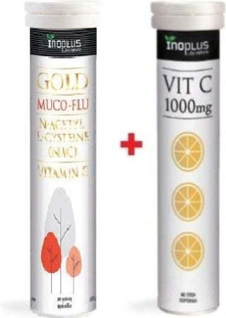 Inoplus 1+1 Inoplus Gold Muco Flu Συμπλήρωμα Διατροφής για το Κρυολόγημα, 20 Αναβράζοντα Δισκία & Vit C 1000mg-Συμπλήρωμα Διατροφής με Βιταμίνη C, 20 Αναβράζοντα Δισκία