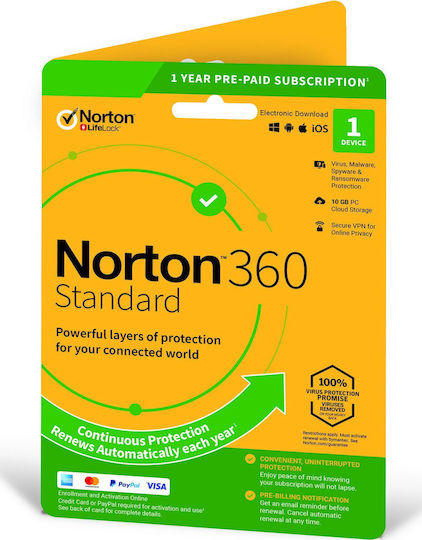 Norton 360 Standard for 1 Device and 1 Year of Use 10GB Electronic License
