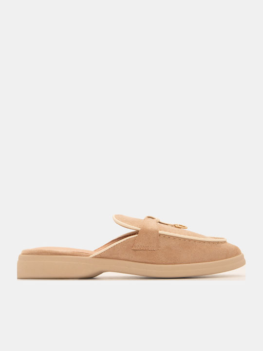 Luigi Flat Suede Mules In Beige Colour