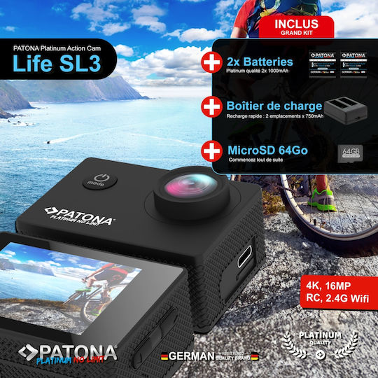 Patona Life SL4 3K Action Camera 4K Ultra HD Underwater (with Case) Batteries + Dual Charger + 64GB Card + Accessories with 2" Screen and Wi-Fi Black