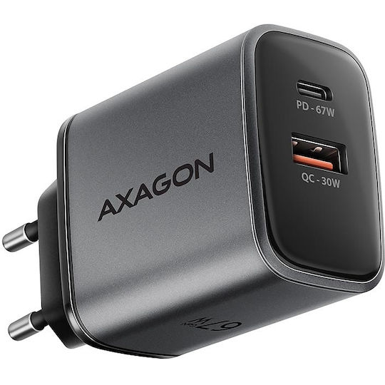 Axagon Wireless Charger GaN With USB-A Output Port And USB-C Output Port 67W Power Delivery Quick Charge 3.0 Quick Charge 4+ Quick Charge 2.0 SuperCharge Gray ACU-PQ67