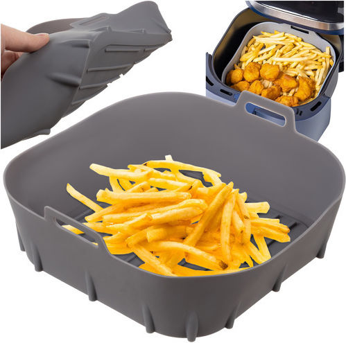 Formă Universală din Silicon pentru Air Fryer Antiaderentă cu 2 Mânere Rezistentă la Temperatură Înaltă 20 X 20 X 6 Cm Gri
