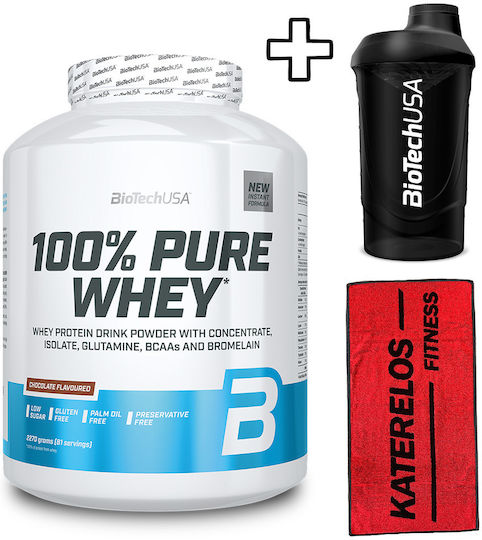 Biotech Usa 100% Pure Whey 2270g Bourbon Vanilla & Katerelos Fitness Sports Towel 100x50cm Red Black & Biotech Usa Wave Shaker 600ml Opal White Custom Bundle