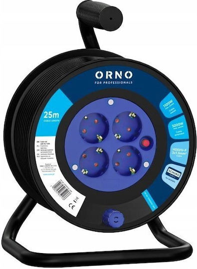 Orno Extension Cord Reel 4 Sockets with 25m Cable 3 x 1.5mm² Cross Section and Grounding