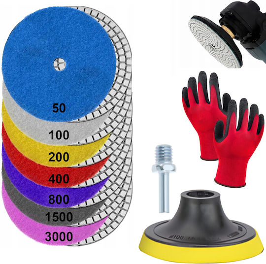 Set 7 Discuri Diamantate De Șlefuire Și Lustruire Mănuși Zola Granulații 50-3000 Diametru 100 Mm 12000 Rpm Adaptor Velcro Adaptor M12