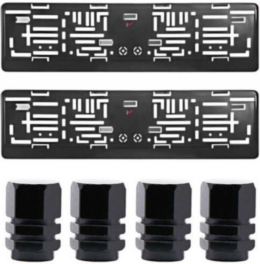 Set 2 Suporturi Flexibile din Plastic pentru Plăcuță de Înmatriculare Auto Negre 4 Capace Hexagonale din Aluminiu pentru Supapă Auto 1.8 Cm Negre