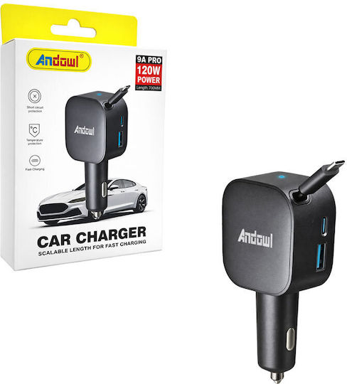 Andowl Car Charger 120W 9A Fast Charging with Ports 1xUSB 1xType-C