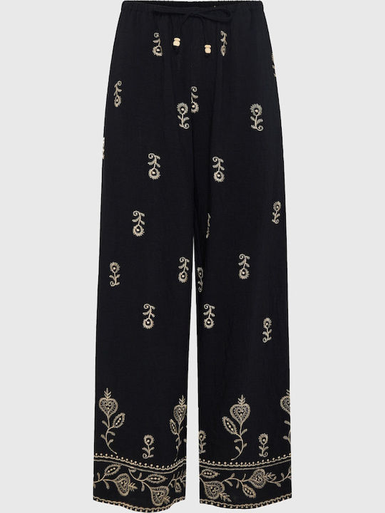 Women's High Rise Pantaloons with Rubber Band in Relaxed Fit Black