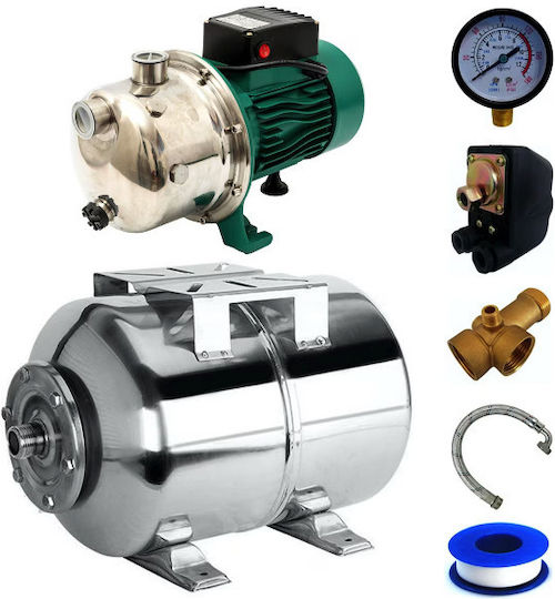 Kit Hidrofor 50 L Oțel Inoxidabil Pompă Jet100ss 1500w Debit 55 L Min Înălțime De Refulare 45 M Aspirație 9 M Include Manometru Furtun Flexibil 60 Cm Racord 5 Căi Presostat Cobi Smart