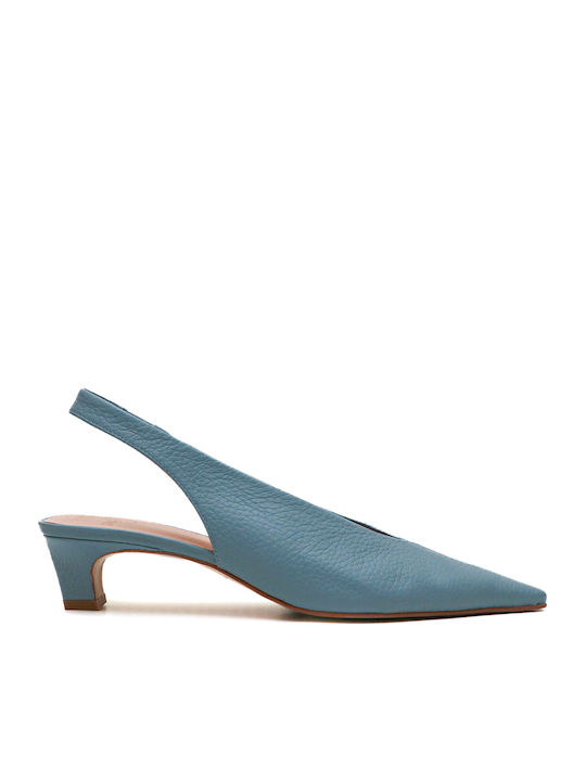 Leather Heels with Strap & Low Heel Light Blue