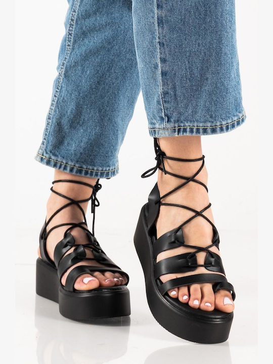 Damenplattformen Gladiator Flatforms Mit Schnürung Schwarz