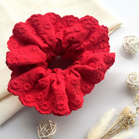Avizar Scrunchie Clasic Pentru Păr Din Țesătură Brodată Vintage Chic Roșu Roșu