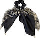 Avizar Scrunchie Eșarfă Lungă Pentru Păr Din Satin Perlă Fluture Subtil Negru Negru