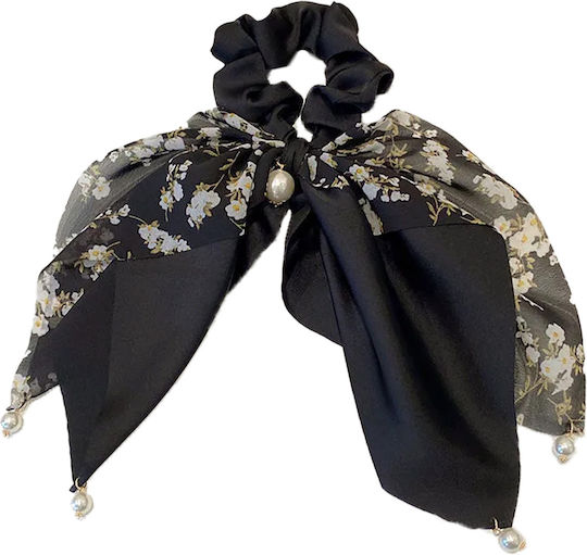 Avizar Scrunchie Eșarfă Lungă Pentru Păr Din Satin Perlă Fluture Subtil Negru Negru