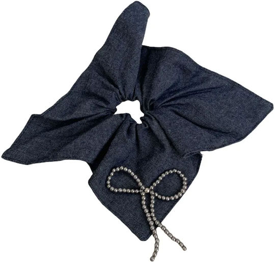 Avizar Scrunchie Maxi Гумена Ластичка За Коса От Мека Дънкова Тъкан Сребърен Възел Тъмносин