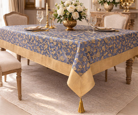 Kariert Tischdecke Blau Mit Goldenem Muster