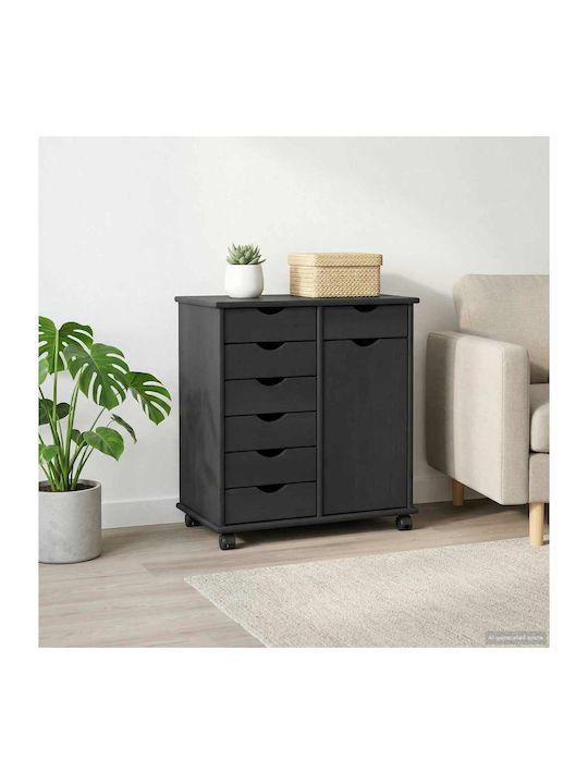 Office Cabinet Made of Solid Wood with Wheels & Drawers Natural 63.5x39x65.5cm