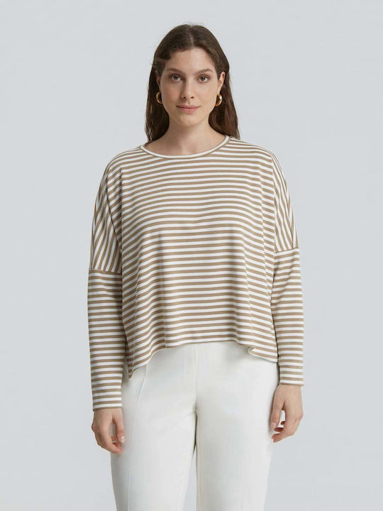 Women's Long Sleeve Striped Beige Blouse