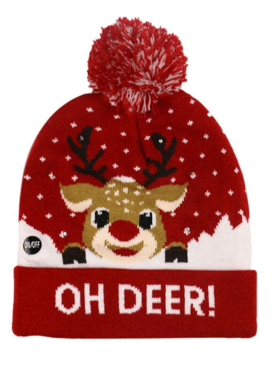 Christmas Hat Led Lighting Reindeer Pattern Red Pom-pom Knitted Warm One Size 21x20 Cm