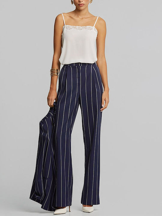 Women's High Rise Fabric Trousers in Straight Leg Striped Blue