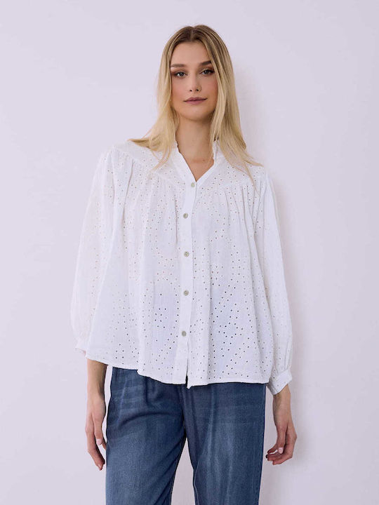 Celestino Damenhemden Mit Stickerei Durchbrochene Details Loose Fit Weiß