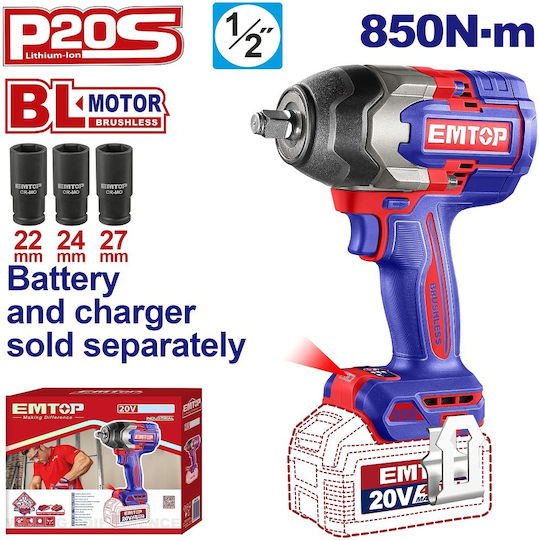 Emtop Brushless Μπουλονόκλειδο Μπαταρίας Solo με Υποδοχή 1/2"
