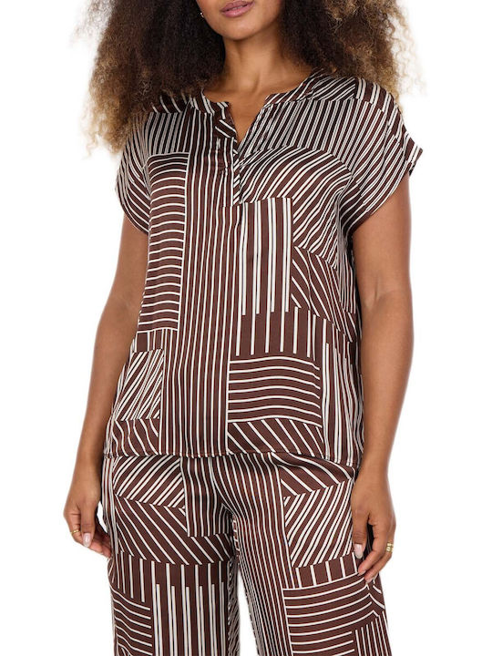 Women's Satin Striped Brown Blouse