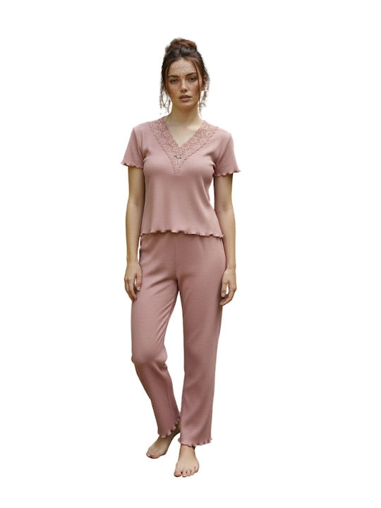 Siyah Inci Sommerliches Damen-Pyjama-Set Rosa