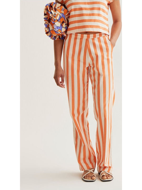 Women's Fabric Trousers with Rubber Band Striped Orange