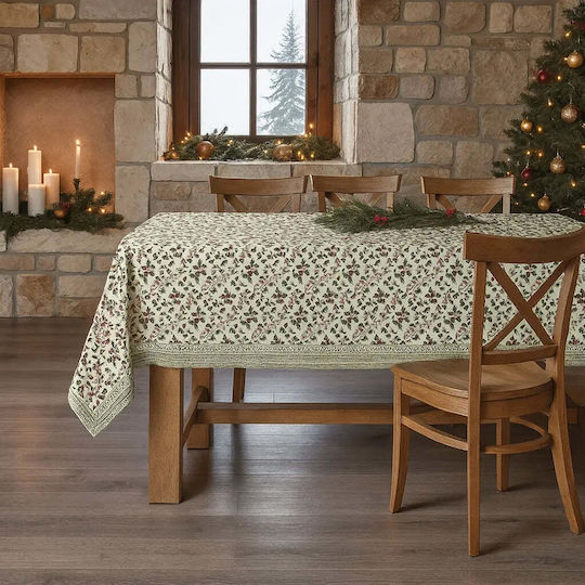 Phos & Gaia Christmas Tablecloth Fabric Stain Resistant Flowers & Branches 300x155cm