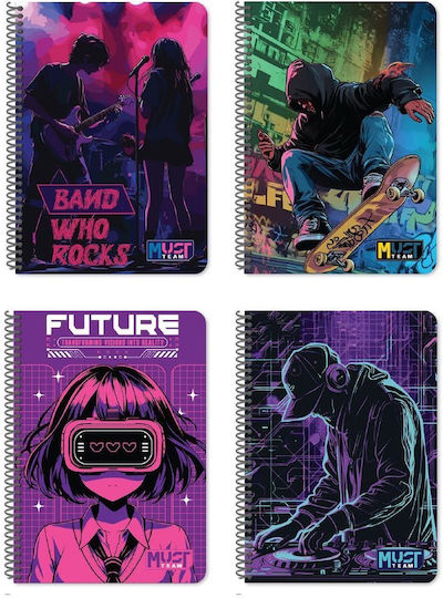 Must Team Spiral School Notebooks Ruled A4 120 Paper Sheets 4 Subjects Rock 4 Pieces