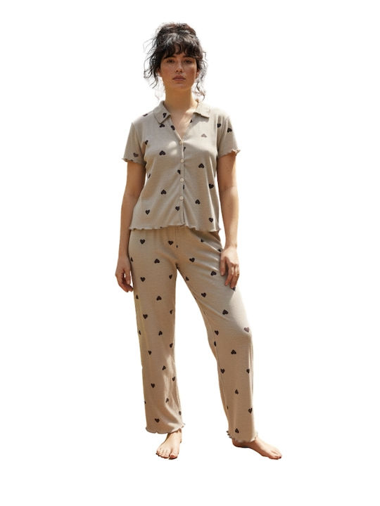 Siyah Inci Summer Women's Pyjama Set Khaki