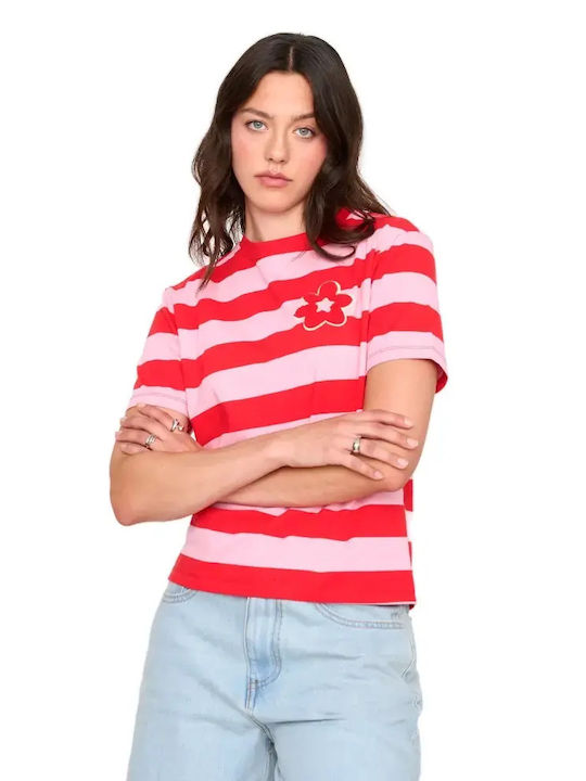24 Colours Γυναικείο T-shirt Ριγέ Pink Red