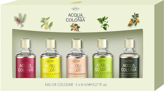 Set 4711 Acqua Colonia Lemon & Ginger Eau De Cologne Unisex 8 Ml + Acqua Colonia Lychee & White Mint Eau De Cologne Unisex 8 Ml + Acqua Colonia Lime & Nutmeg Eau De Cologne Unisex 8 Ml + Acqua Colonia Blood Orange & Basil Eau De Cologne Unisex 8 Ml + Acqua Colonia White Peach & Coriander