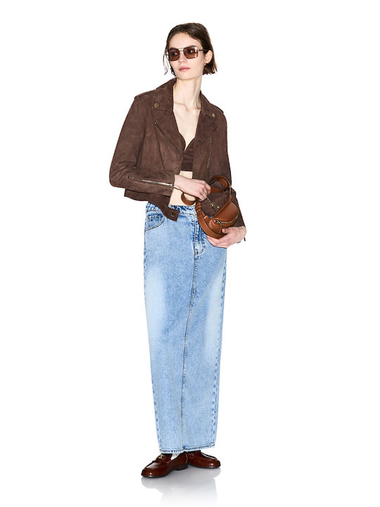 Long Leather Women's Jacket for Winter Brown