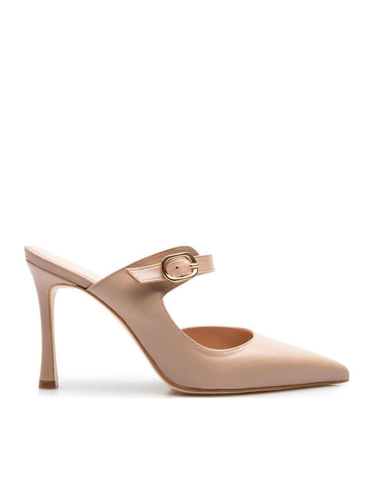 Mourtzi Leather Mules With Heel In Beige Colour