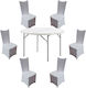 Set Mobilier Catering Eveniment Raki Masă Pliantă Rotundă Tip Valiză D122xh74cm 6 Scaune 44x42xh92cm Huse Textile Plastic Metal Alb