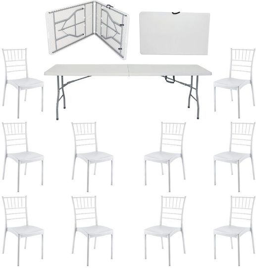 Set De Mobilier Pentru Catering Evenimente Raki Masă Pliabilă Dreptunghiulară Tip Valiză 244x76xh74cm 10 Scaune 44x42xh92cm Plastic Metal Alb