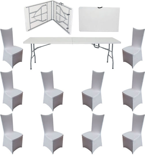 Set De Mobilier Pentru Catering Eveniment Raki Masă Pliabilă De Tip Valiză Dreptunghiulară 244x76xh74cm 10 Scaune 44x42xh92cm Huse Textile Plastic Metal Alb