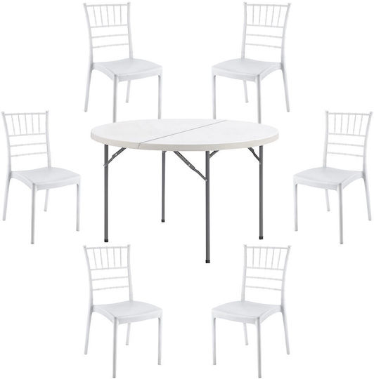 Set De Mobilier Pentru Catering Eveniment Raki Masă Pliantă Rotundă Tip Valiză D122xh74cm 6 Scaune 44x42xh92cm Plastic Metal Alb