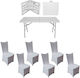 Set Mobilier Catering Evenimente Raki Masă Valiză Pliabilă Dreptunghiulară 152x76xh73.5cm 6 Scaune 44x42xh92cm Huse Textile Plastic Metal Alb
