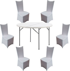Set De Mobilier Pentru Catering Eveniment Raki Masă Rotundă Pliabilă Tip Valiză D152xh74cm 6 Scaune 44x42xh92cm Huse Textile Plastic Metal Alb Set De Mobilier Pentru Catering Eveniment Raki Masă Rotundă Pliabilă Tip Valiză D152xh74cm 6 Scaune 44x42xh92cm Huse Textile Plastic Metal Alb