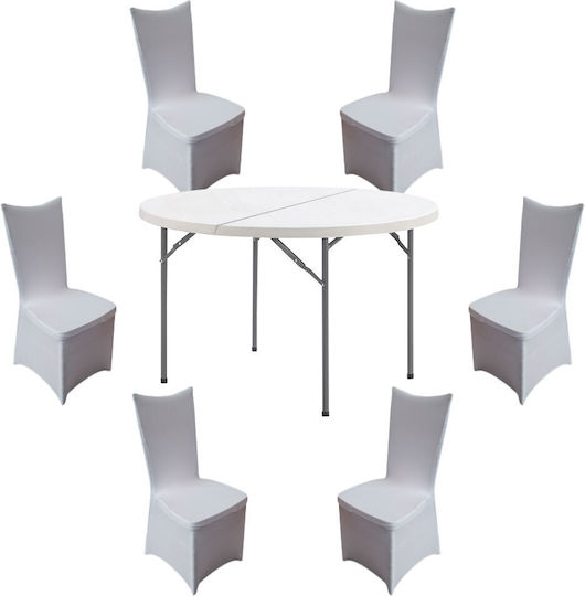 Set De Mobilier Pentru Catering Eveniment Raki Masă Rotundă Pliabilă Tip Valiză D152xh74cm 6 Scaune 44x42xh92cm Huse Textile Plastic Metal Alb