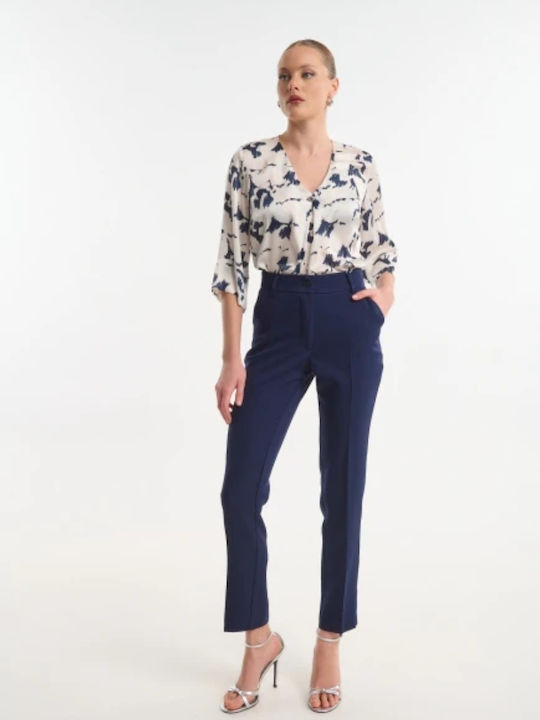 Fibes Women's High Rise Crepe Trousers Blue