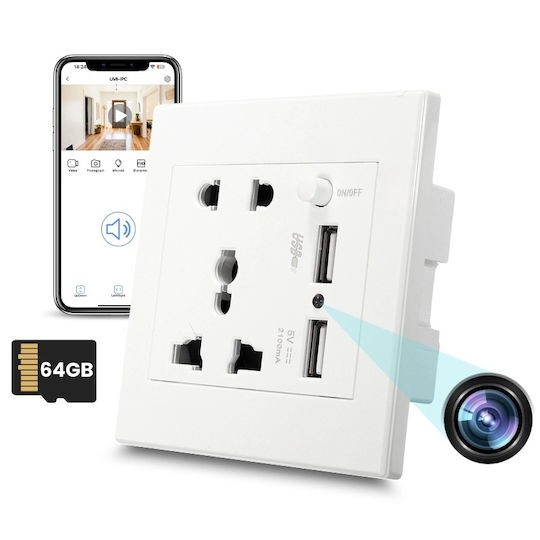 Cameră De Supraveghere Ascunsă Priză De Perete Internațională Iuni Pr2 Wi-Fi 64GB Full HD 2 Porturi USB-A