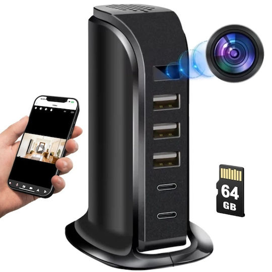 Cameră Ascunsă Stație de Încărcare Iuni Ip91 64gb Wi-fi Full Hd Senzor de Mișcare 20w 2 Porturi Type-c 3 Porturi Usb-a